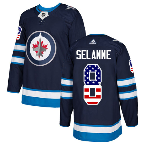 Adidas Jets #8 Teemu Selanne Navy Blue Home Authentic USA Flag Stitched NHL Jersey - Click Image to Close